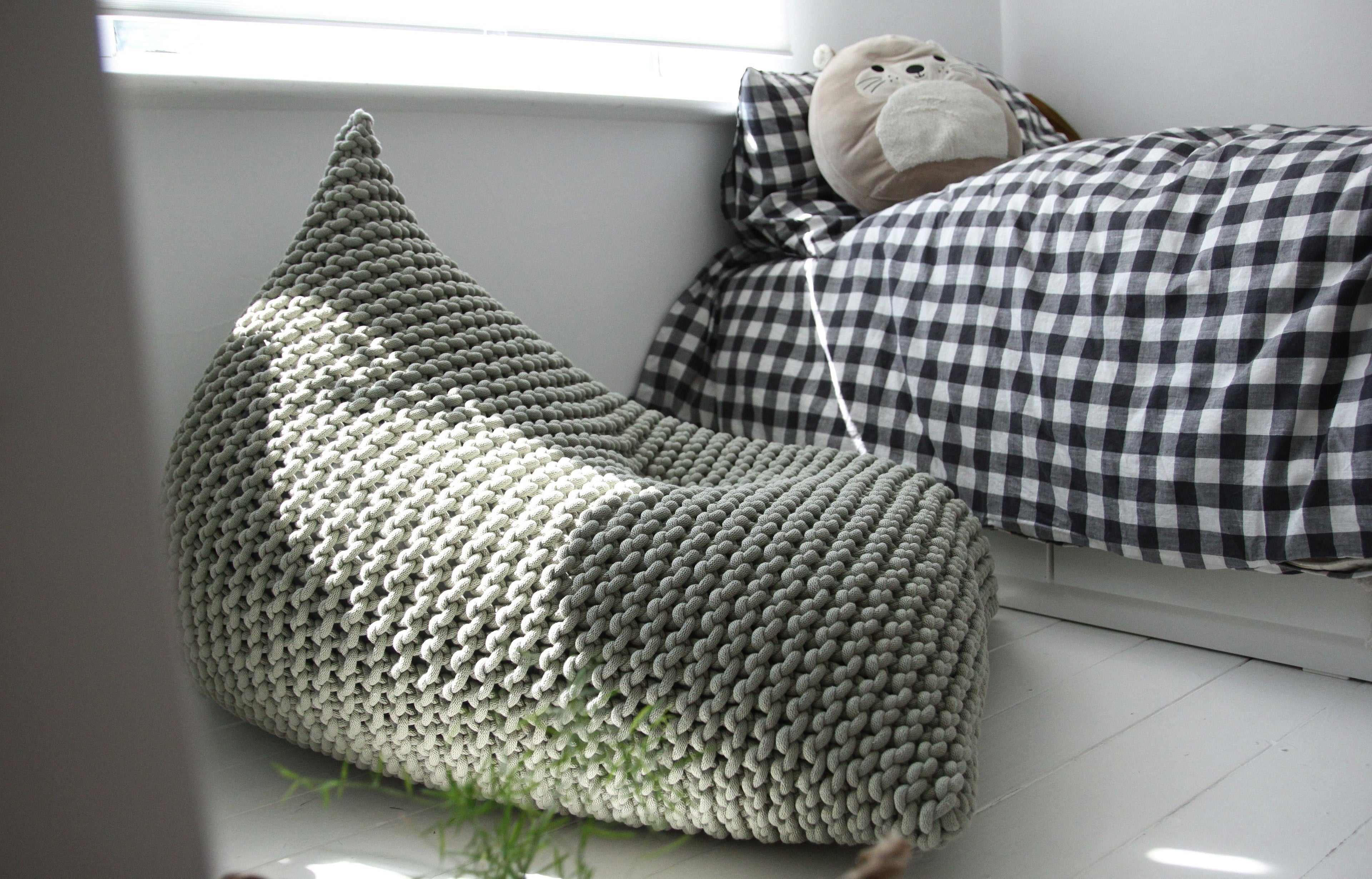 Light Olive Sage knitted bean bag in the kids bedroom
