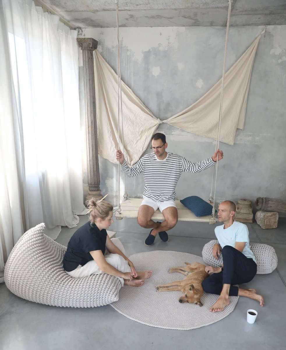 Chunky knitted bolster footrest | OCEAN BLUE - Zuri House