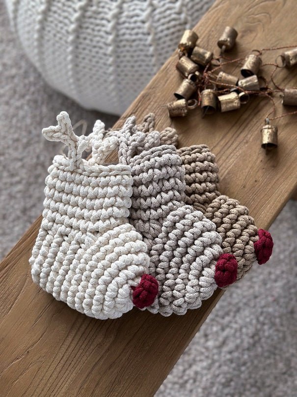 Crochet Reindeer Stocking IVORY & RED NOSE - Zuri House