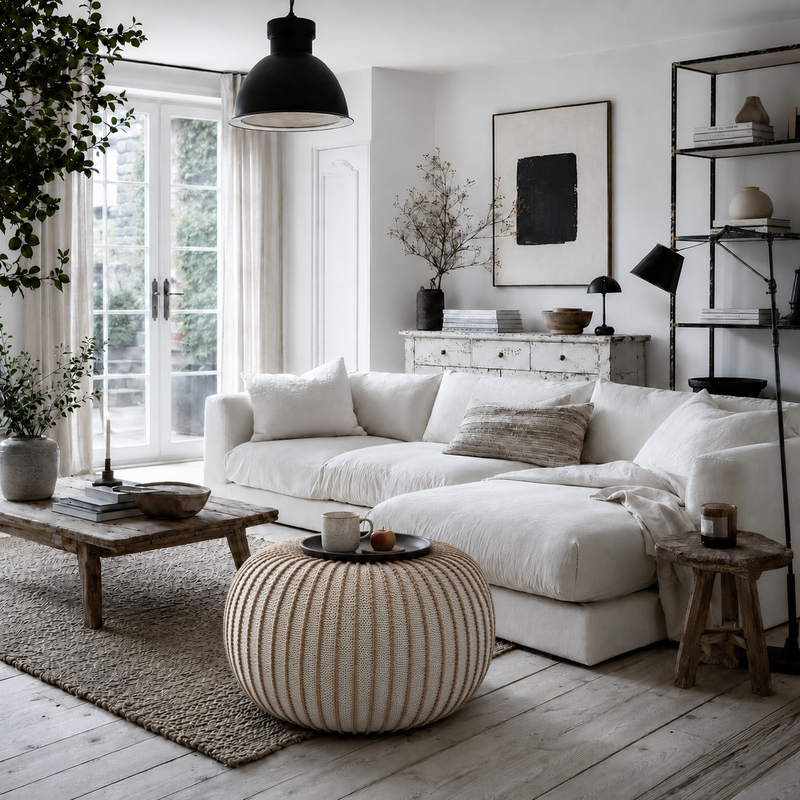 A bright, modern living room featuring a white sectional sofa with white and beige pillows, a round beige ribbed pouf ottoman in the foreground, a rustic wooden coffee table, and a large window with white curtains.