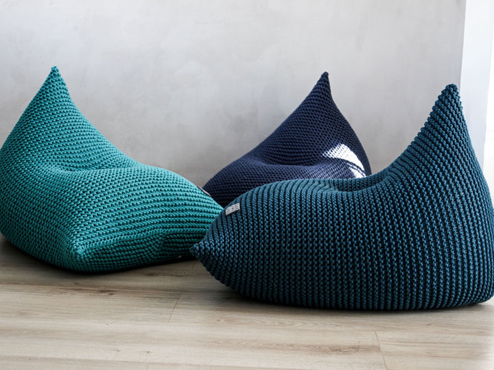 green and blue knitted handmade bean bags