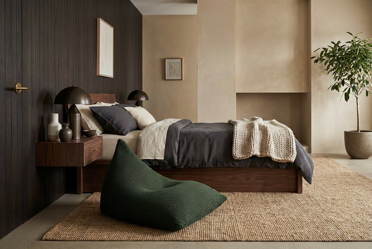 Knitted dark green bean bag in the japandi bedroom