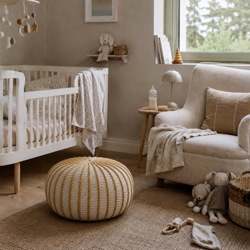 Mustard and ivory Ziggy pouffe styled beside a nursing chair in a neutral nursery