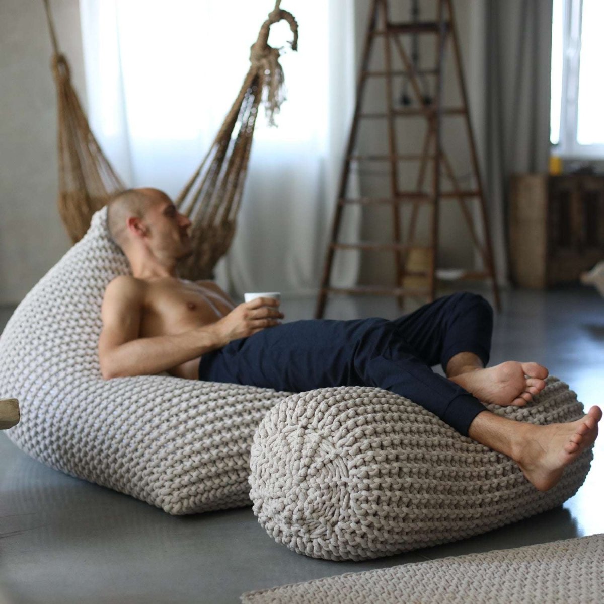 Chunky knitted SET bean bag & bolster footrest | BEIGE - Zuri House