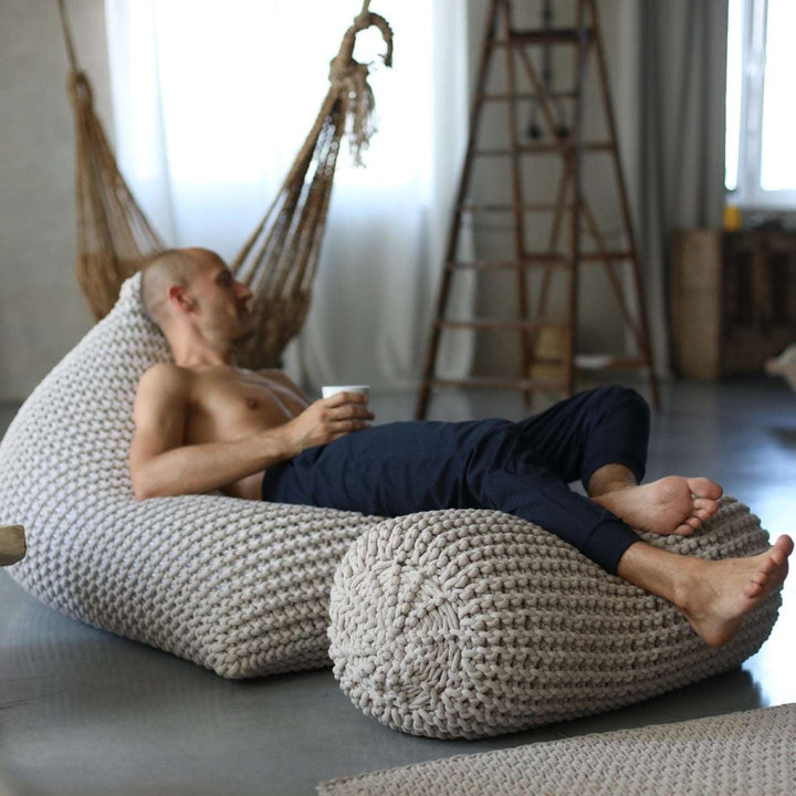 Chunky knitted SET bean bag & bolster footrest | BEIGE - Zuri House