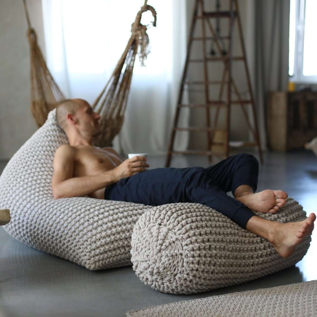 Chunky knitted SET bean bag & bolster footrest | CINNAMON - Zuri House