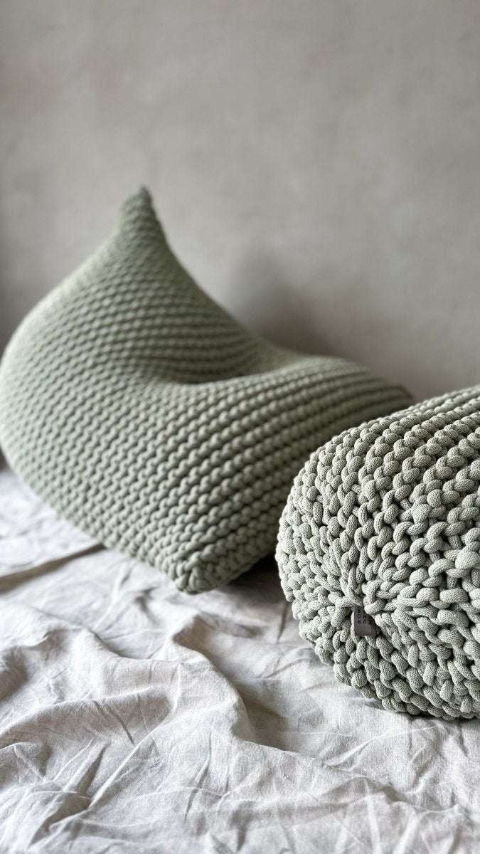 Chunky knitted SET bean bag & bolster footrest | LIGHT OLIVE - Zuri House