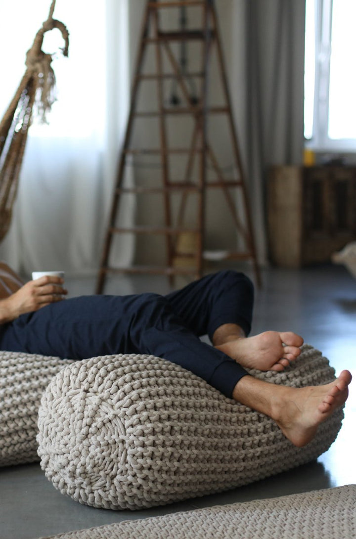 Chunky knitted SET bean bag & bolster footrest | OATMEAL - Zuri House