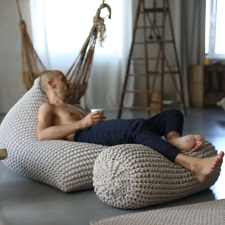 Chunky knitted SET bean bag & bolster footrest | OATMEAL - Zuri House