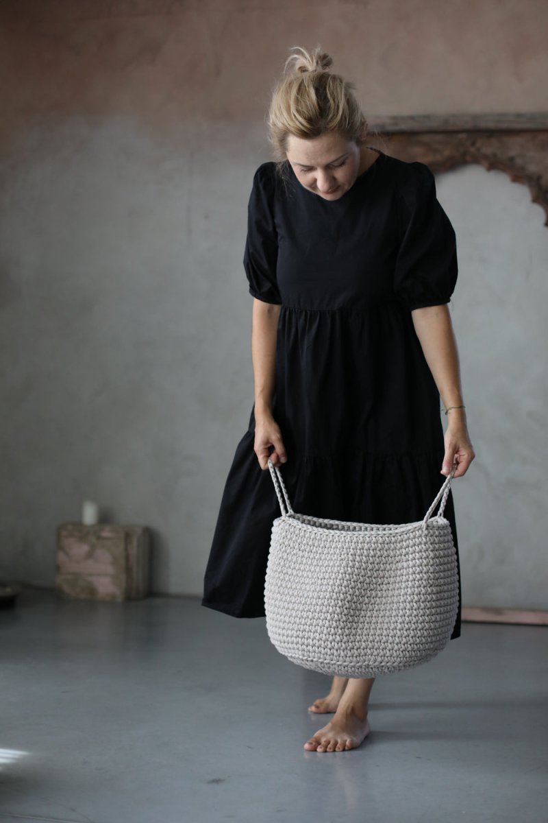 Handmade oatmeal cotton crochet basket with handles, ideal for stylish home storage and organisation