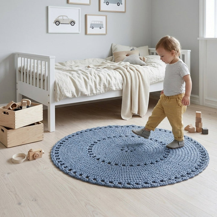 Crochet BOHO rug | LIGHT DENIM - Zuri House