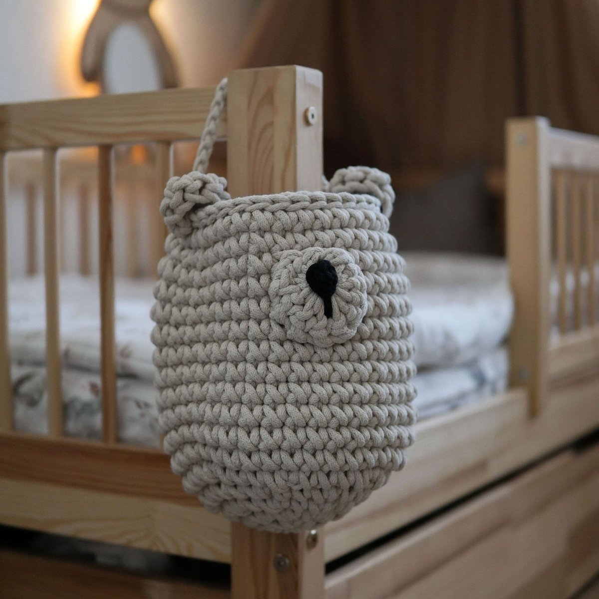 Crochet Hanging Bear basket | BEIGE - Zuri House