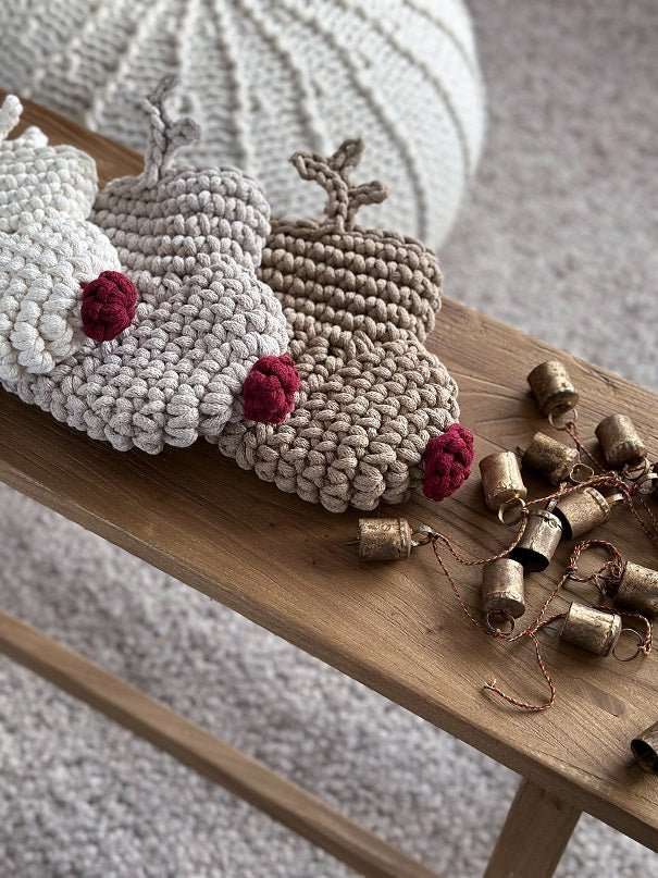 Crochet Reindeer Stocking | Cappuccino & Red Nose - Zuri House