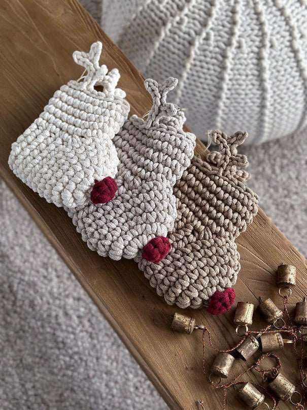 Crochet Reindeer Stocking OATMEAL & RED NOSE - Zuri House