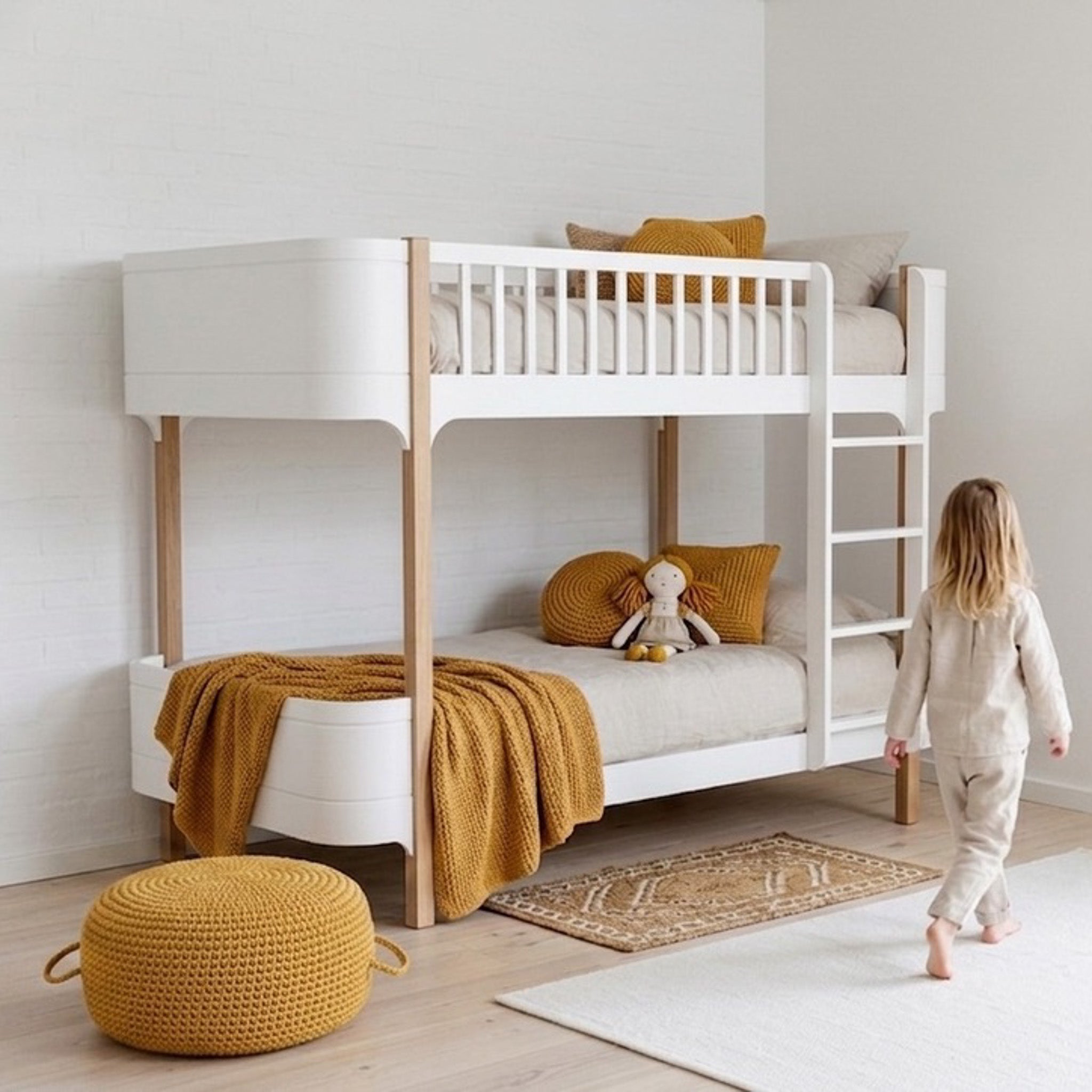 scandinavian kids bedroom with oliver furniture bunk bed and mustard yellow decor