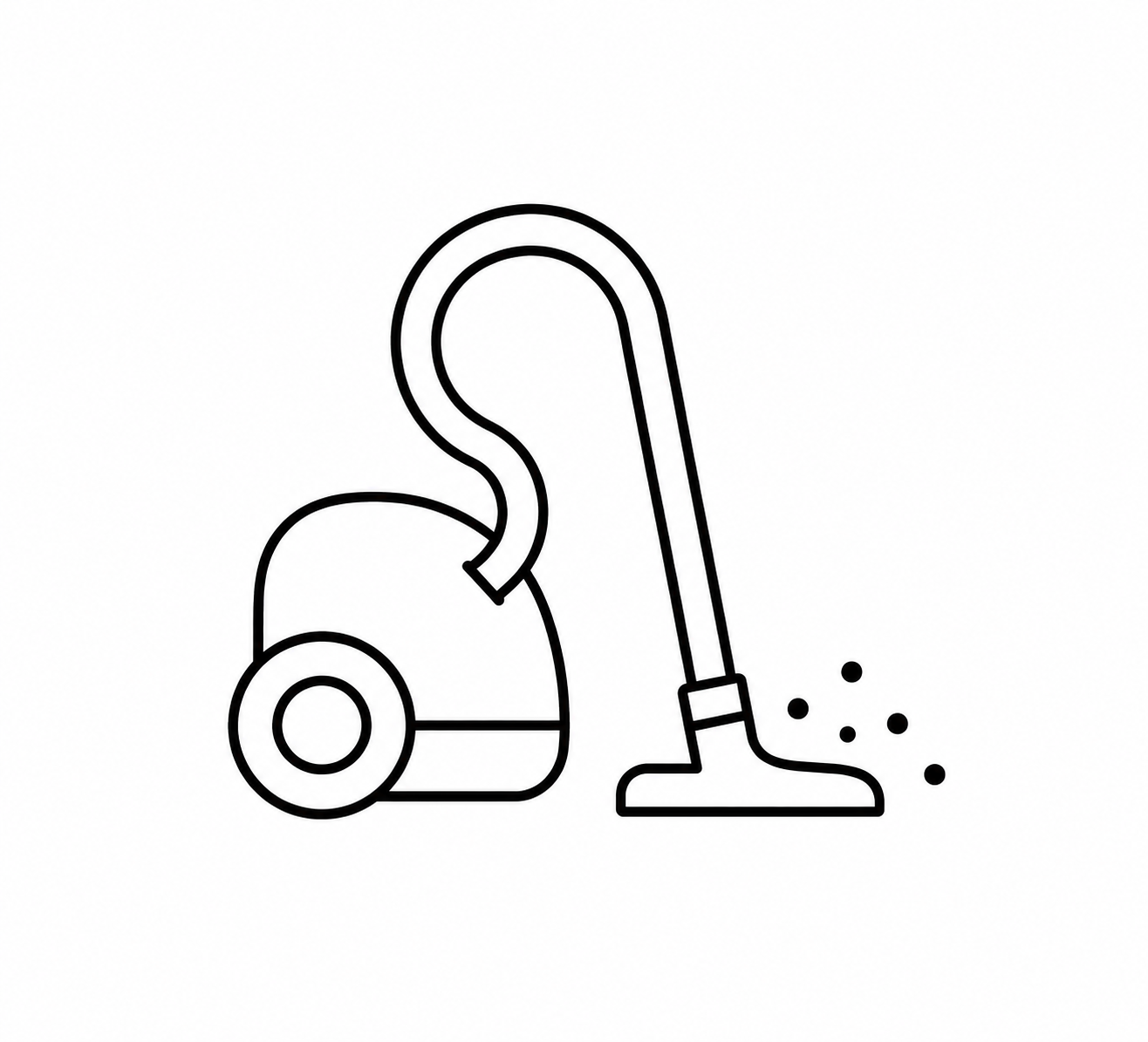 A minimalist black line icon of a canister vacuum cleaner with its hose and floor head, shown on a plain white background.
