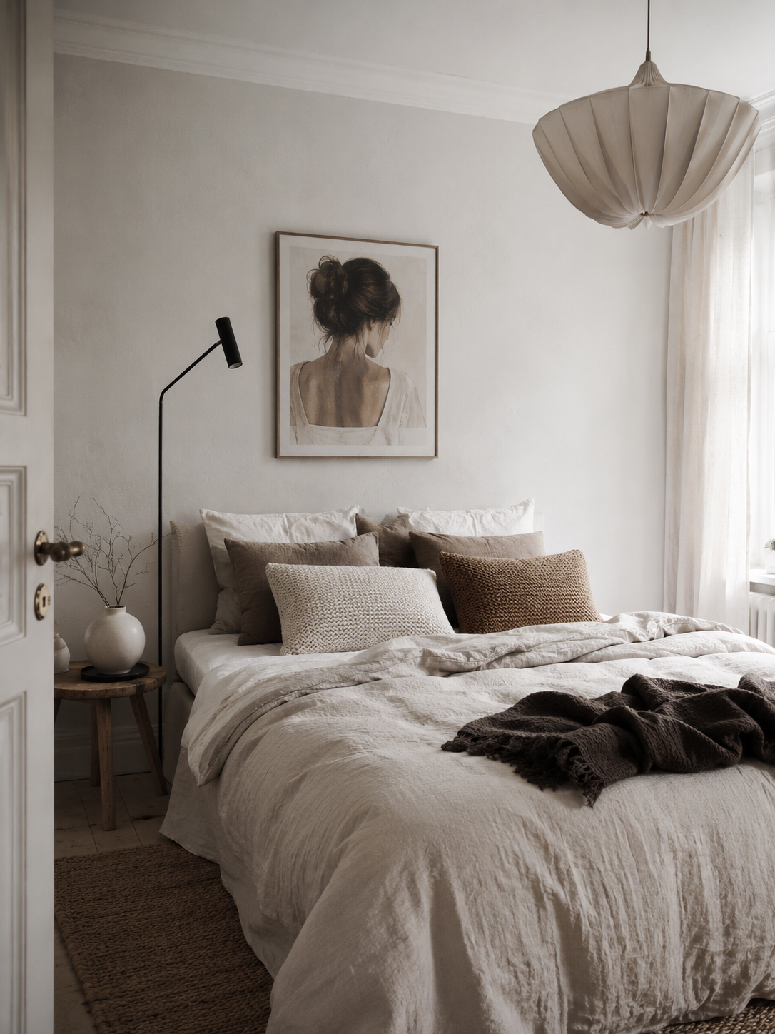Cozy bedroom with a bed, lamp, and wall art