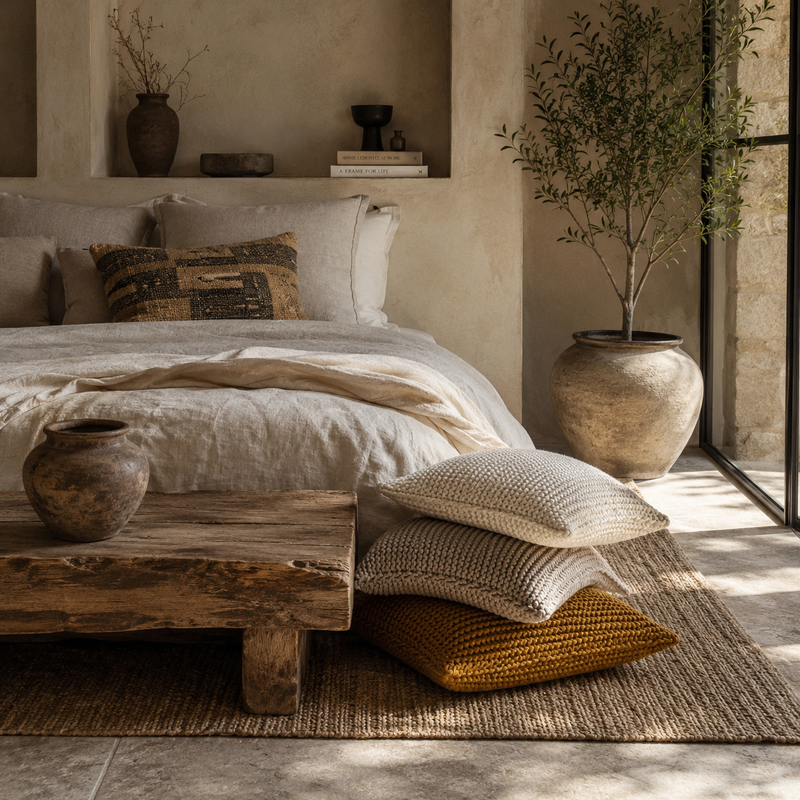 Cozy bedroom with rustic decor, including a bed with pillows, wooden bench, and potted plants.