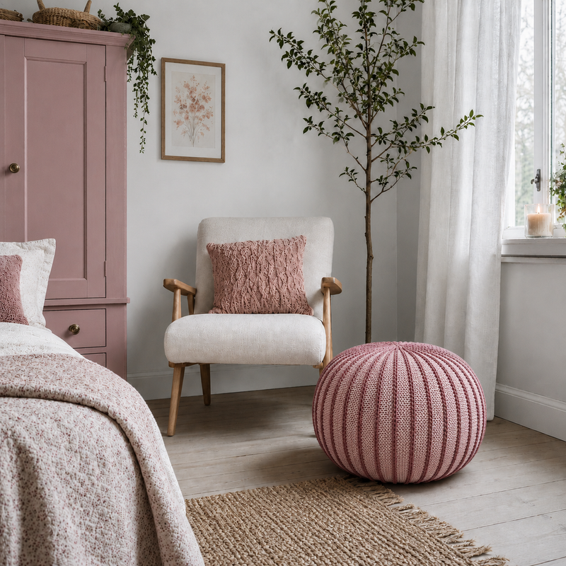 A pink ribbed knit pouf ottoman sits on a woven rug in a bright, modern bedroom next to a white armchair with a matching pink pillow.
