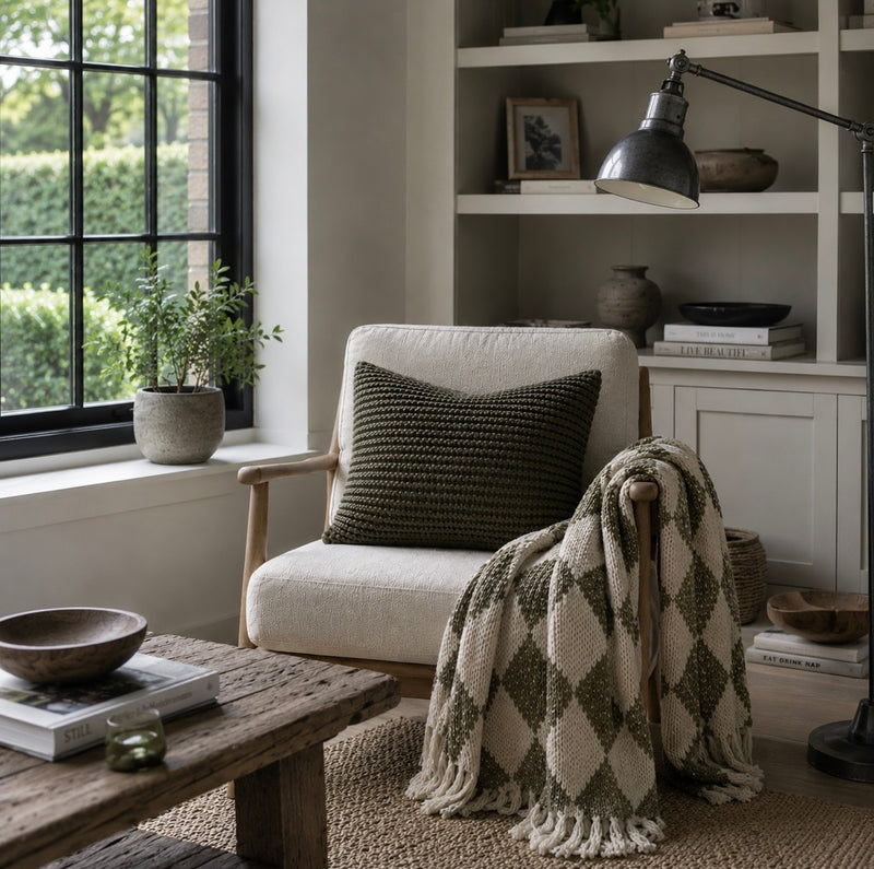 Cozy living room with a white armchair, green pillow, and patterned throw blanket.