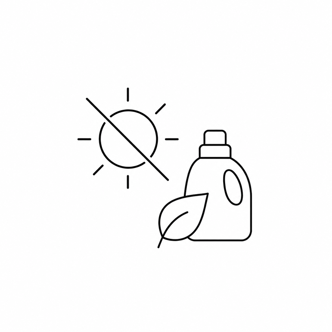 A minimalist black line icon depicting a laundry detergent bottle next to a crossed-out sun and a leaf, indicating a sunless or biodegradable product variant, on a solid white background.