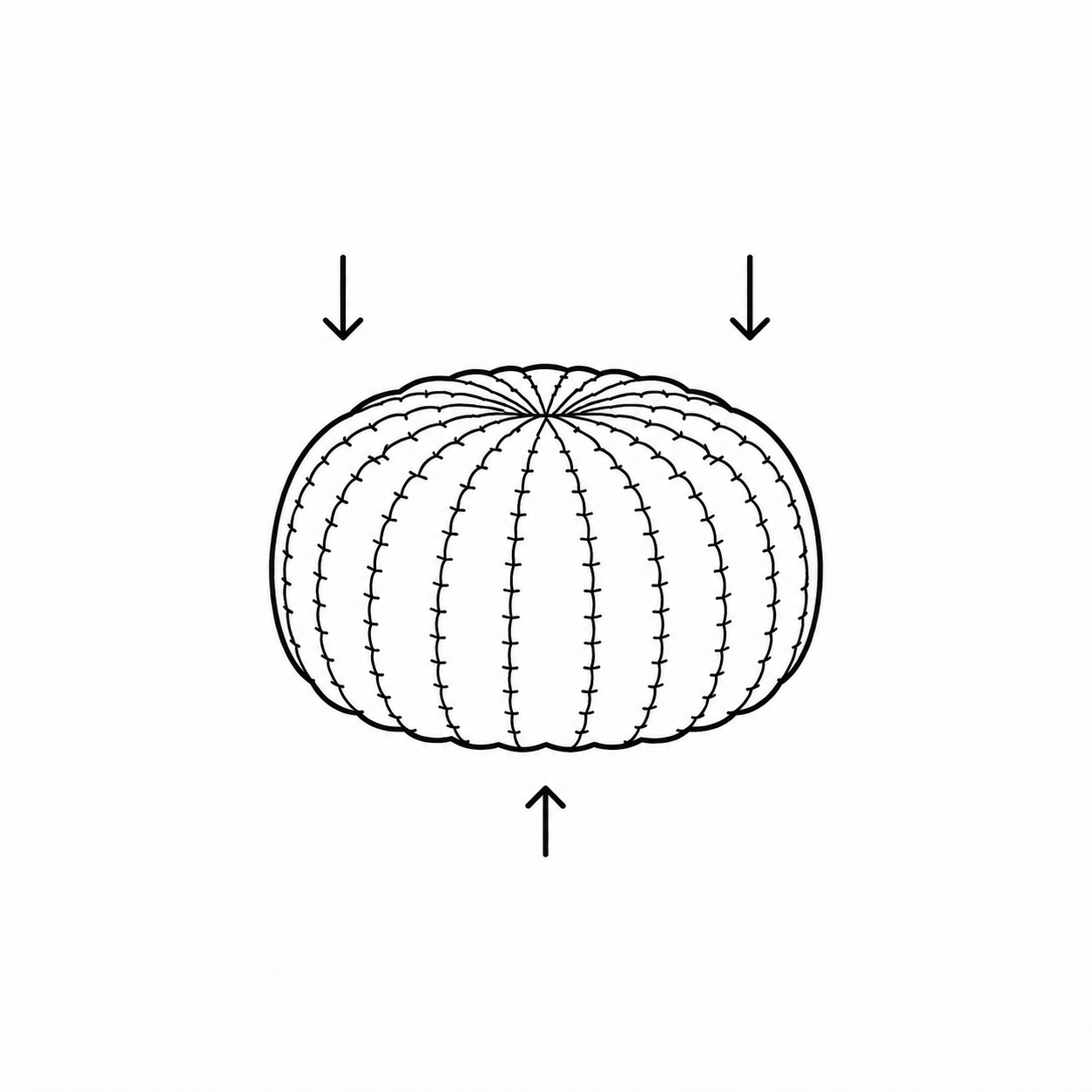 Black line art illustration of a round pouffe with downward arrows above and a downward-pointing arrow below on a white background.