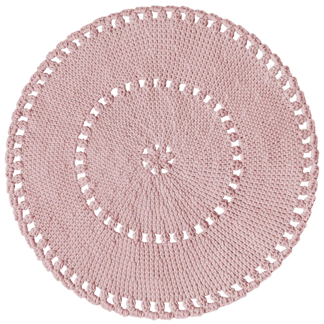 powder pink crochet boho rug