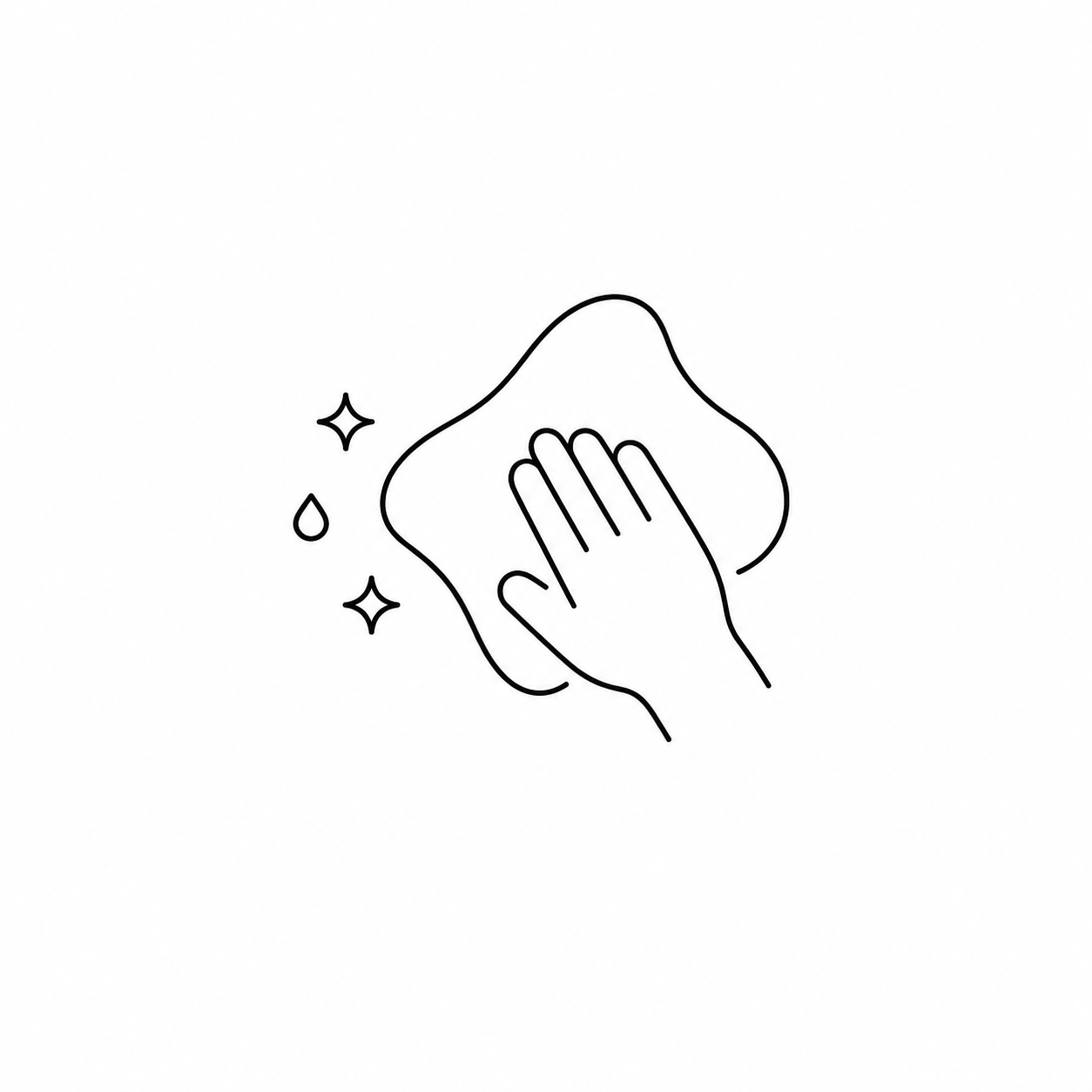 A minimalist black line icon depicting a hand washing on a clean white background, with small droplets and sparkle marks.