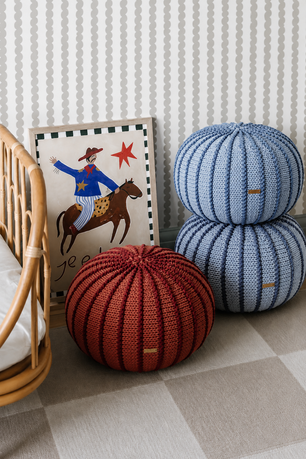 Three handmade striped Ziggy pouffes shown in different sizes and colour combinations