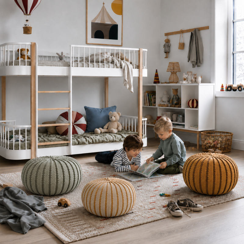 Three striped knitted Ziggy pouffes in sage, ivory and mustard in a children’s bedroom.