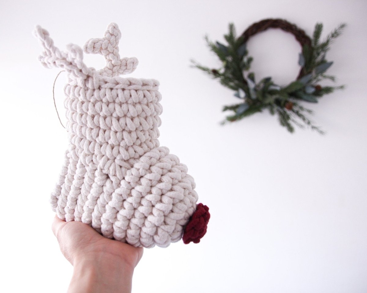 Crochet Reindeer Stocking IVORY & RED NOSE - Zuri House
