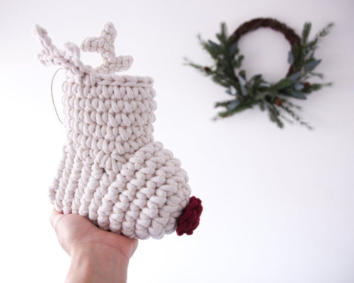 Crochet Reindeer Stocking IVORY & RED NOSE - Zuri House