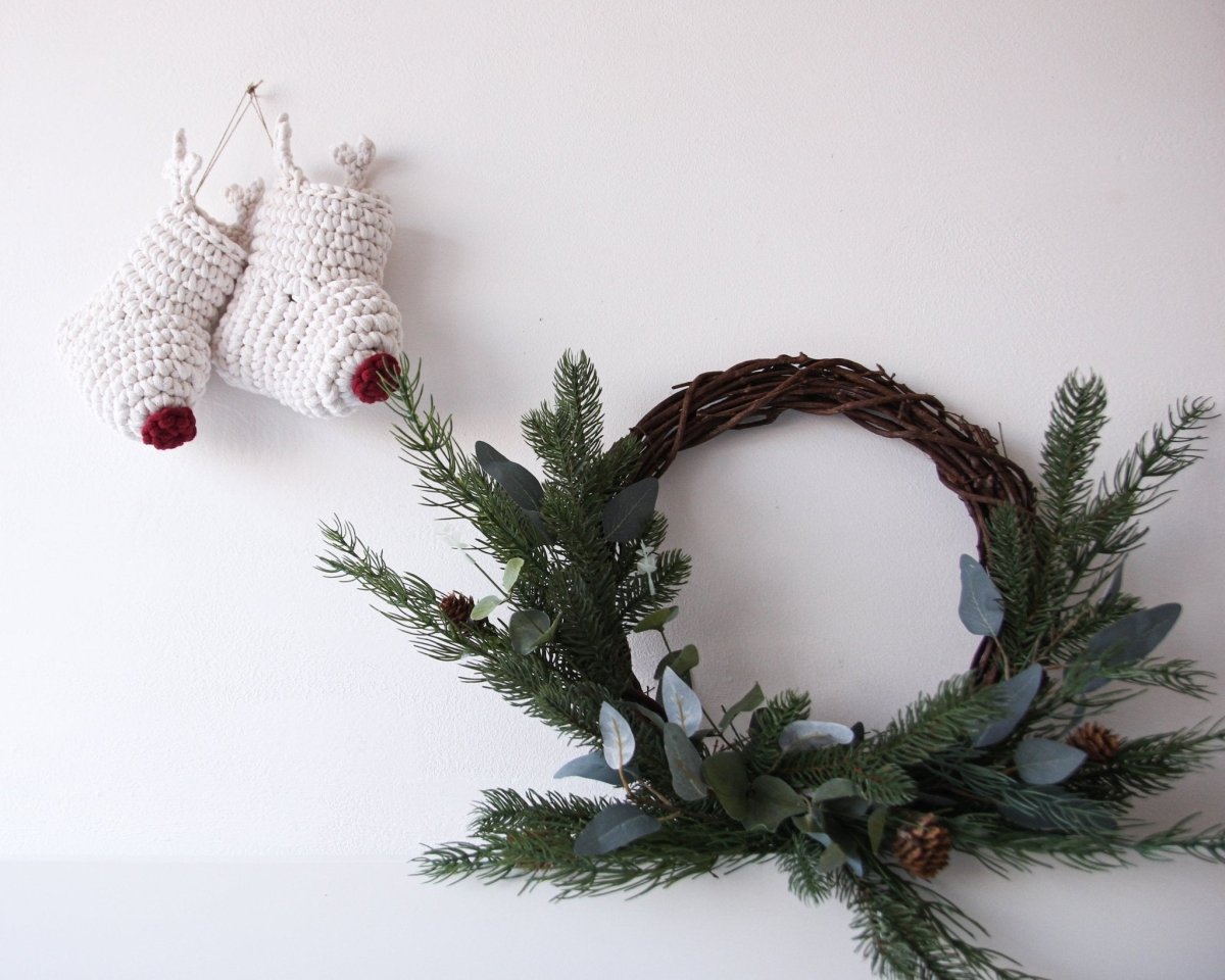 Crochet Reindeer Stocking IVORY & RED NOSE - Zuri House