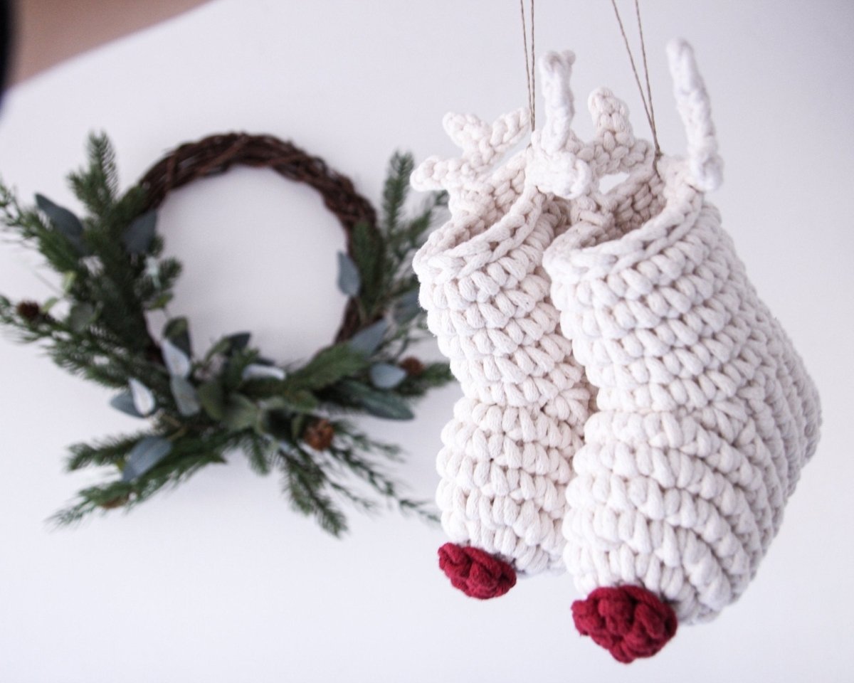 Crochet Reindeer Stocking IVORY & RED NOSE - Zuri House