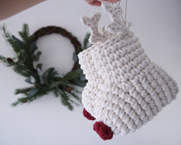 Crochet Reindeer Stocking IVORY & RED NOSE - Zuri House