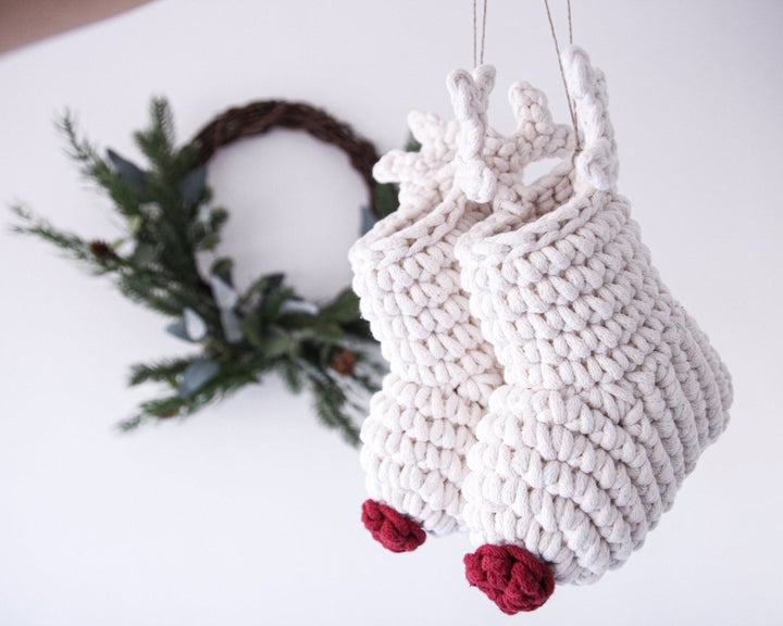 Crochet Reindeer Stocking IVORY & RED NOSE - Zuri House