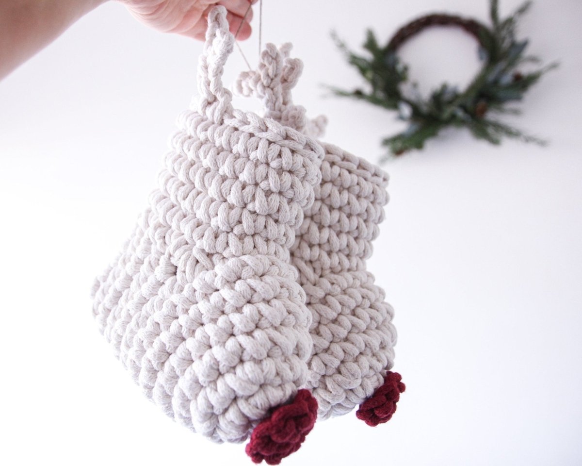 Crochet Reindeer Stocking IVORY & RED NOSE - Zuri House