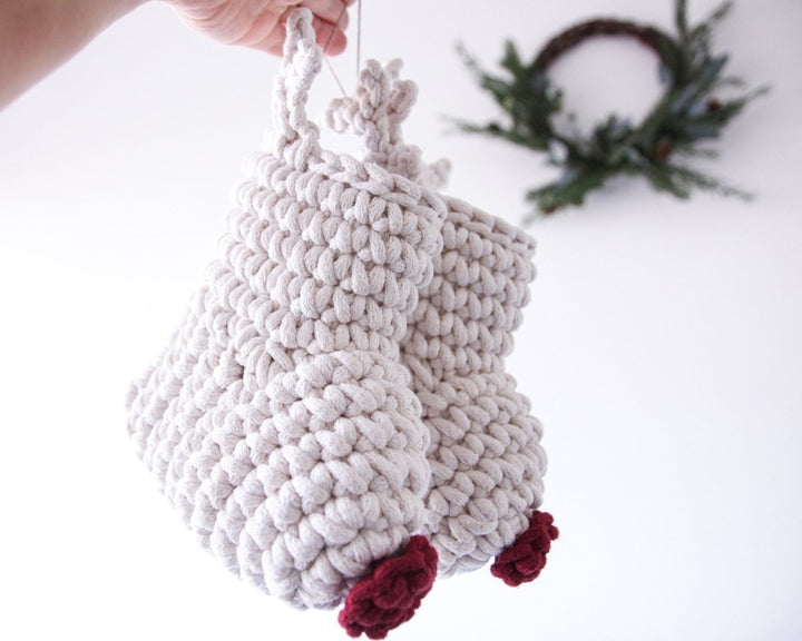 Crochet Reindeer Stocking IVORY & RED NOSE - Zuri House