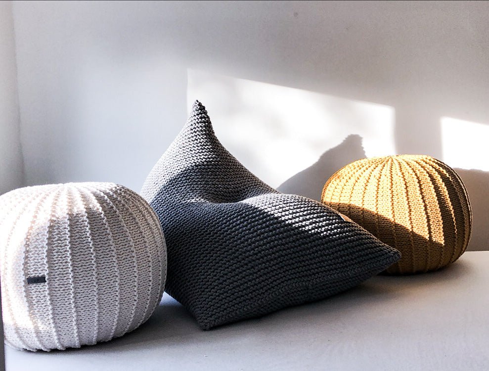 Knitted bean bag in DARK GREY and knitted pouffes