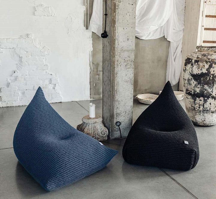 Textured denim cotton knit bean bag with soft, natural curves