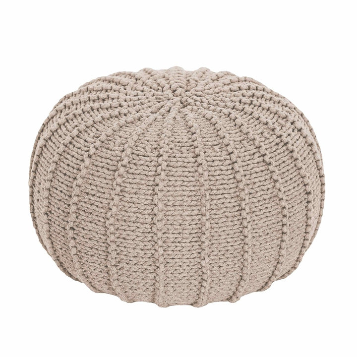 Small hand-knitted beige cotton pouffe