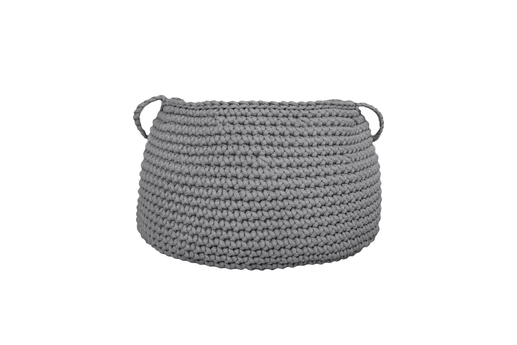 Durable grey crochet basket used for toy storage in a modern kids’ room