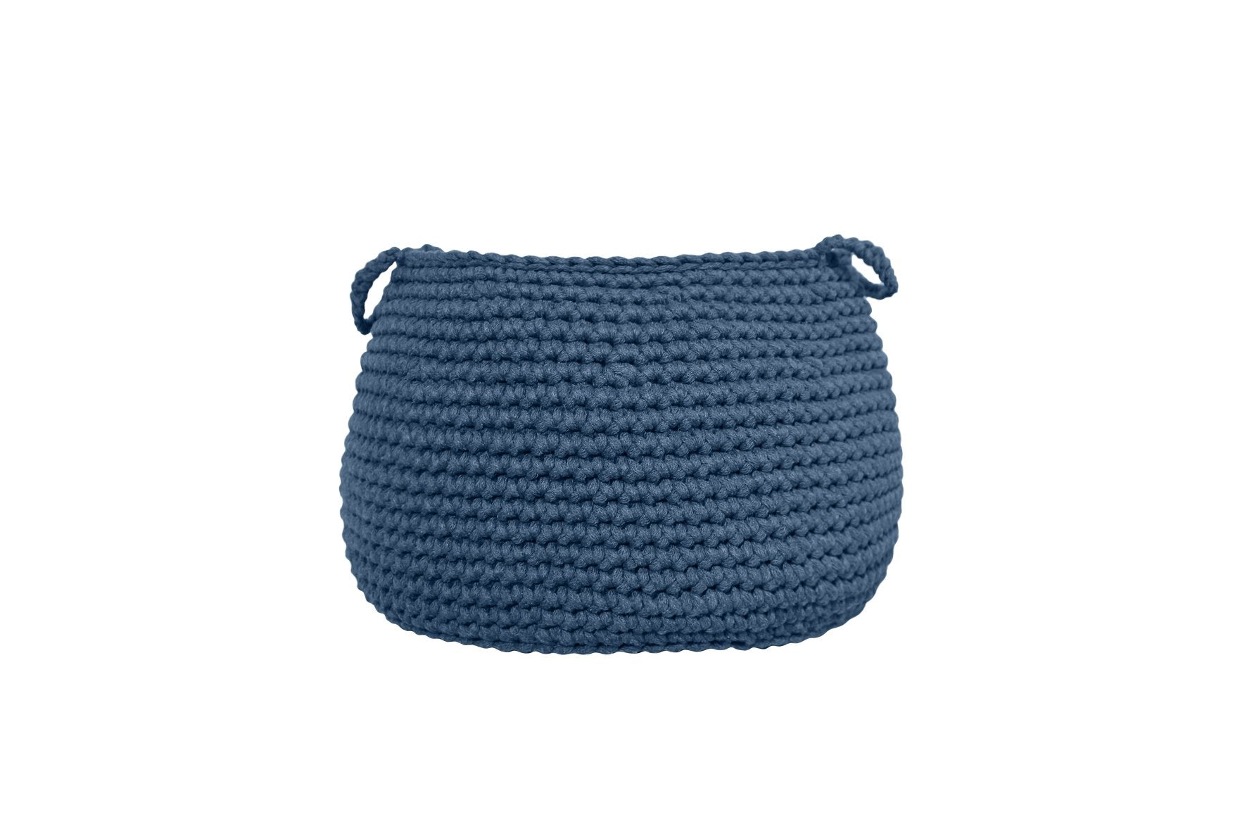 Denim-toned crochet storage basket used for organising children’s toys