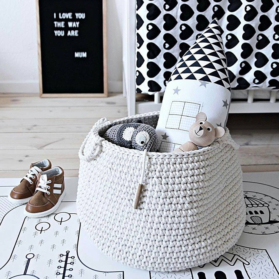 Handmade ivory cotton storage basket used for organising children’s toys
